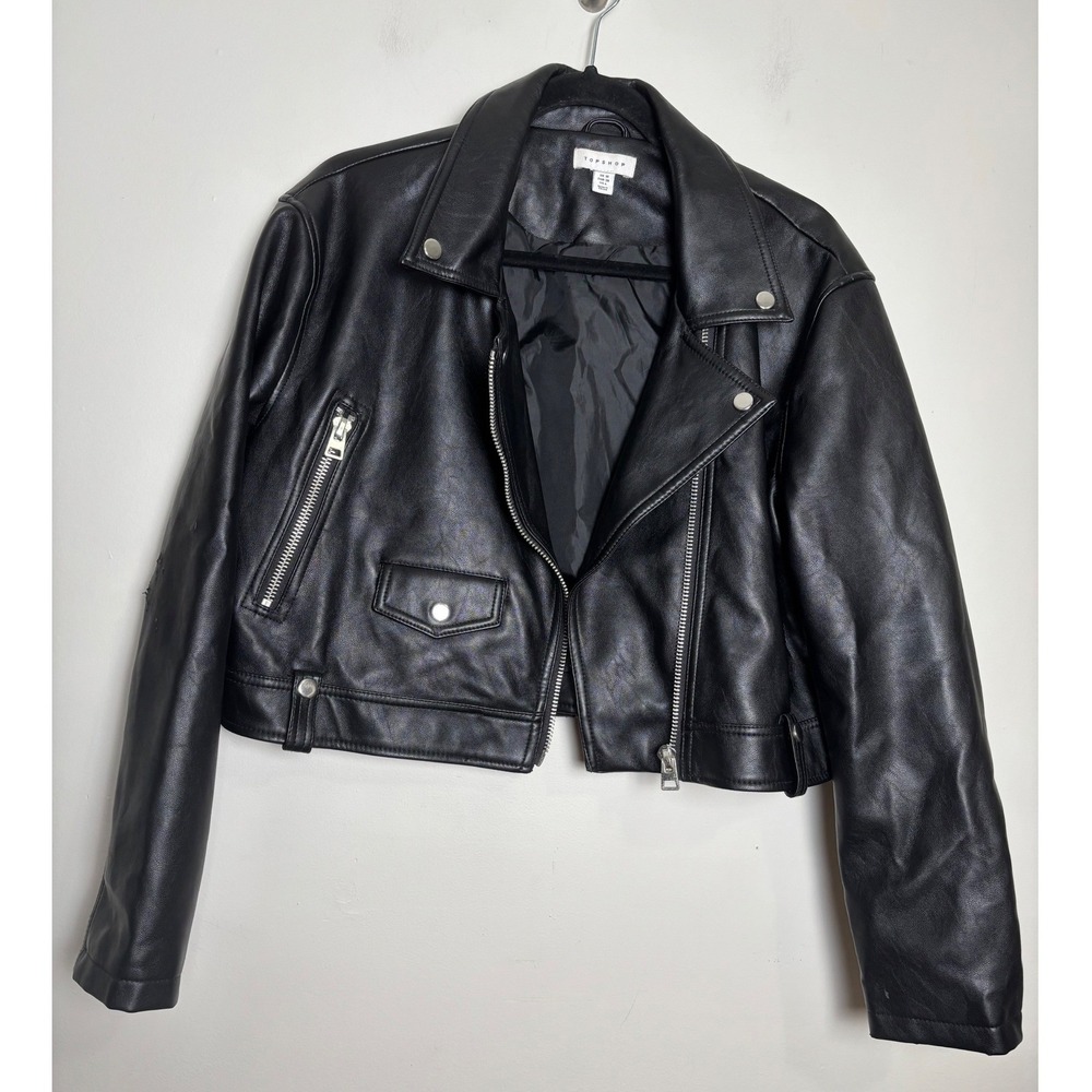 Topshop Womens Faux Leather Cropped Moto Biker Jacket 6 Black Goth Grunge w/Flaw